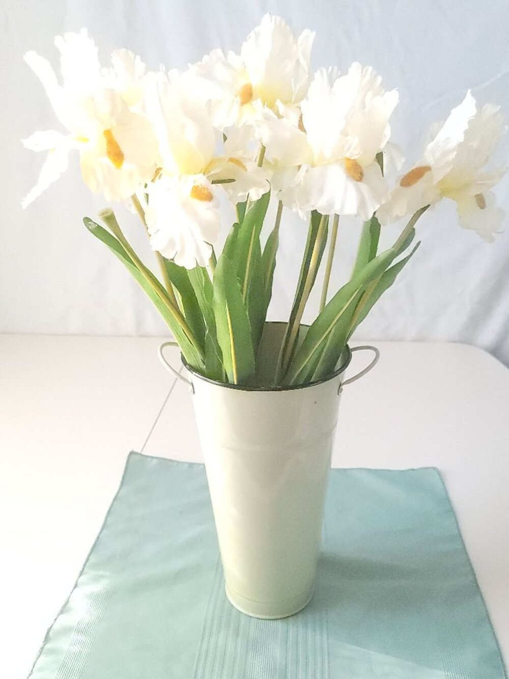 Cream Enamelware French Flower Bucket Vase White Silk Irises 20" Home Decor